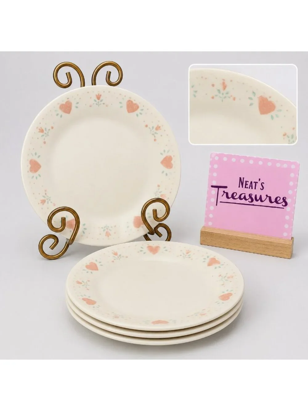 Corelle FOREVER YOURS Pink Hearts Beige Background Vitrelle Bread Plates Set 4